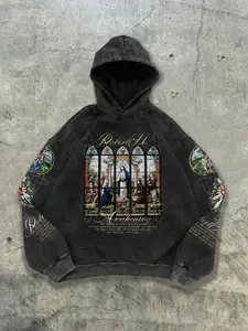 Vintage Hardcore Style Hoodie, Colorful Window Graphic Print, Distressed Details, Casual Loose-Fitting, Daily Wear, Religious Theme