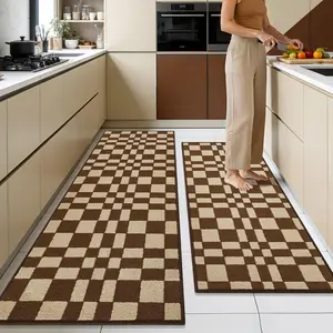 Checkered Grid Checkerboard Kitchen Rugs,Set of 2 Non Slip Kitchen Mats for Floor,Washable Kitchen Runner Rugs Carpets for Hallways Entryway Laundry Room(20"x48"+21"x59",Brown)