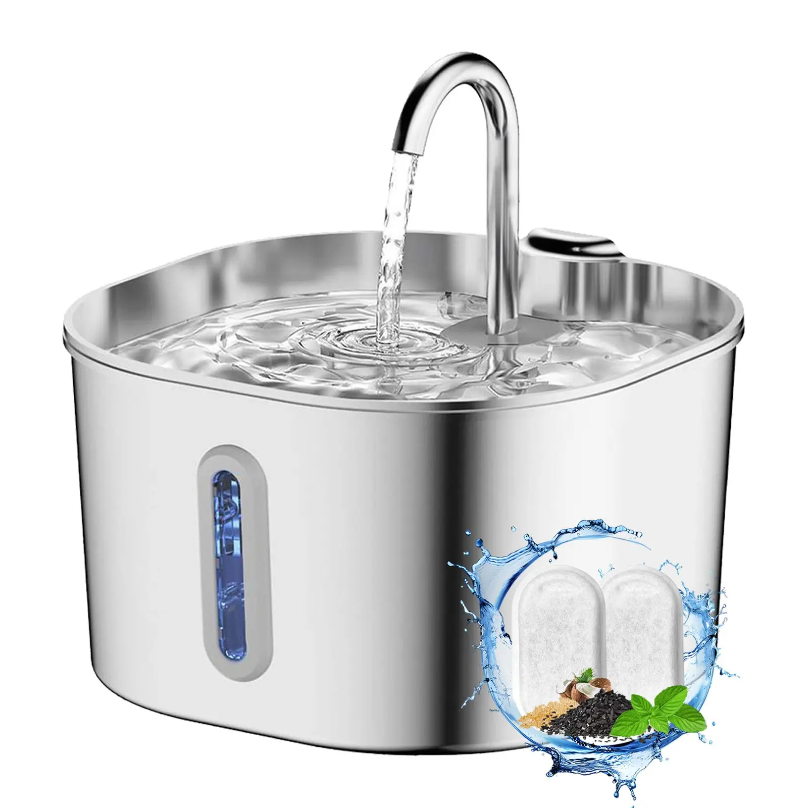 Stainless Steel Cat Water Fountain, 2.2L Water Fountains for Cats Indoor with Quiet Pump and 2 Replacement Filters, Pet Water Fountain Faucet Spout Design Cat Fountain Drinking Inside