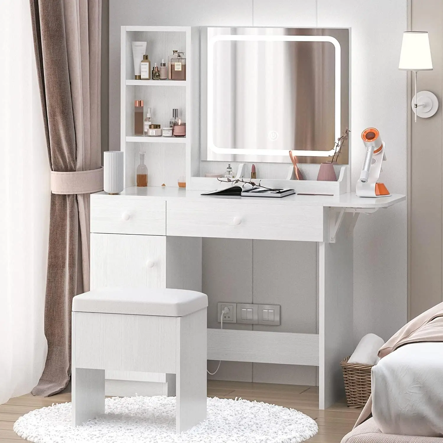 【LED & USB】 IRONCK Vanity, Stylish Illuminated Stand-Alone Makeup Desk with Power Outlet, Drawers, Cabinet & Storage Stool, Stylish Lighted Vanity Furniture for Bedroom
