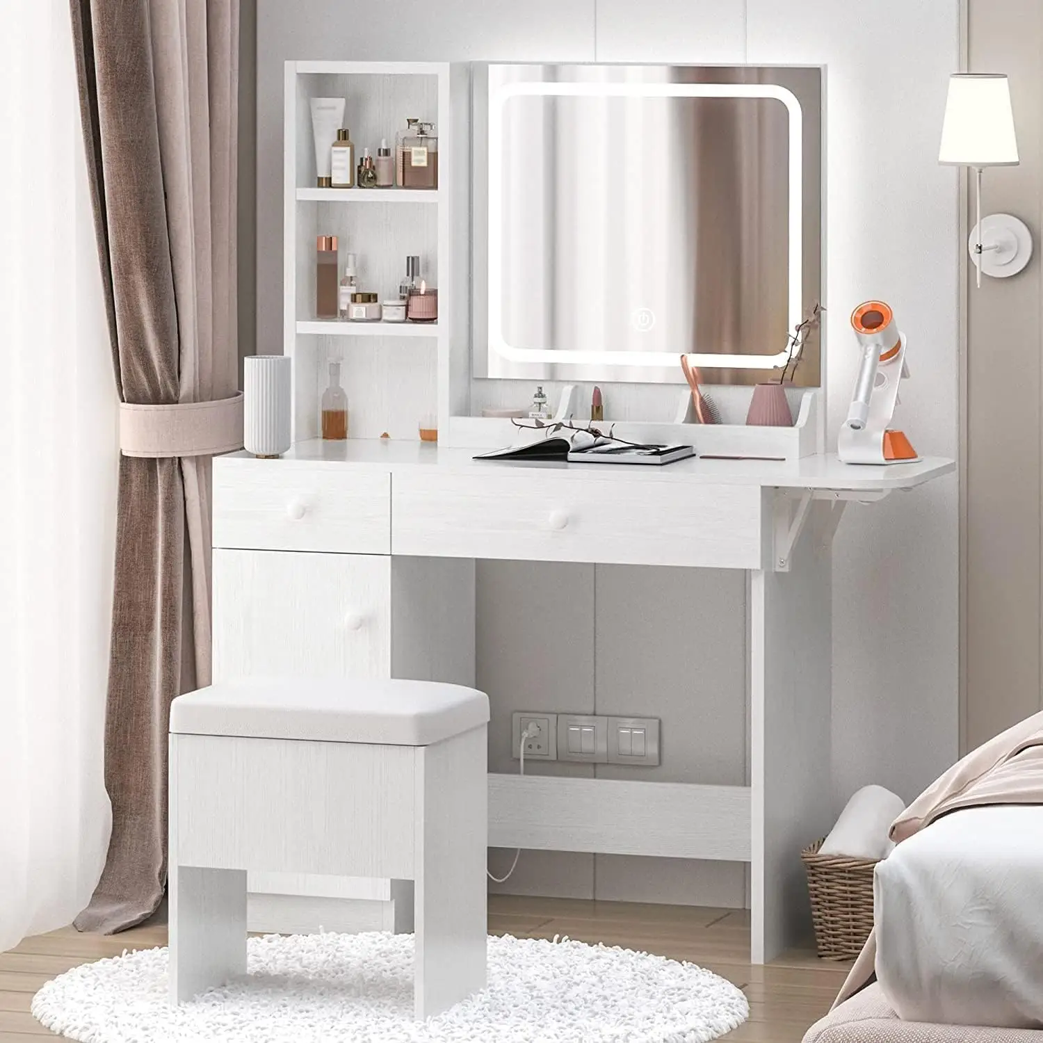 IRONCK Vanity Desk with LED Lighted Mirror & Power Outlet, Makeup Table with Drawers & Cabinet,Storage Stool,for Bedroom