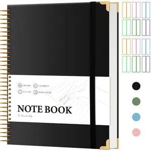 Black Spiral Notebook College Ruled 8.5 X 11 with Tab Stickers Large Hardcover Notebooks for School Supplies A4 Note Book Journal Notebooks for Work Note Taking Office, 200 Pages