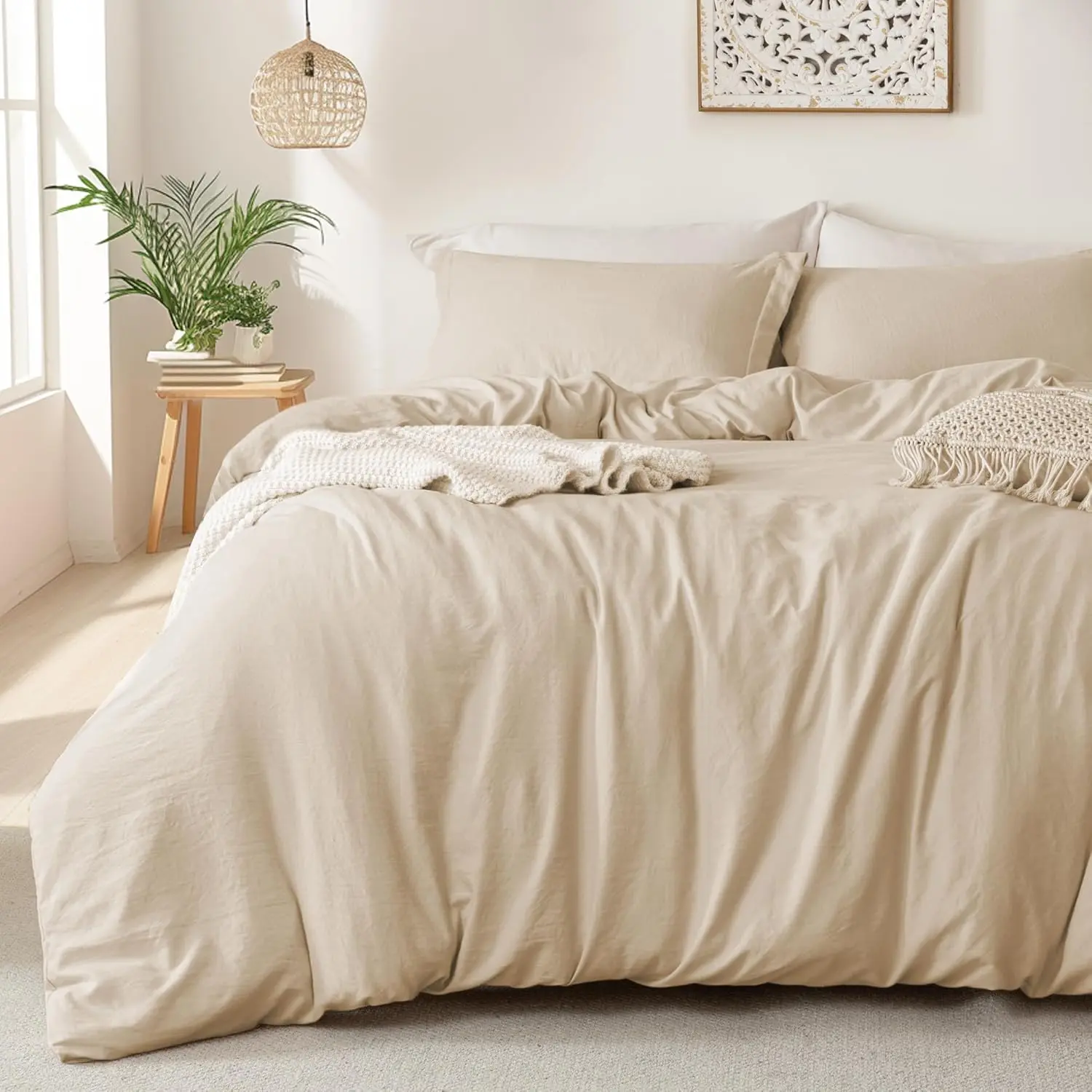 Soft Duvet Cover - 100% Washed Microfiber Light Khaki Comforter Cover Set 3 Pieces with Zipper Closure & Corner Ties (No Comforter)