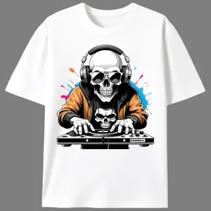 DJ Skeleton Summer T-Shirt, Men's Unisex Streetwear Graphic Tee, EDM Music Festival Skull Casual Shirt for Men & Women