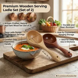 2 PCS Large Wooden Ladle Spoon Set, Natural Solid Wood Kitchen Scoop for Soup, Cooking, Bath Salt, Flour, Sugar Storage, Multipurpose Serving Spoon, Rustic Farmhouse Kitchen Decor & Accessories