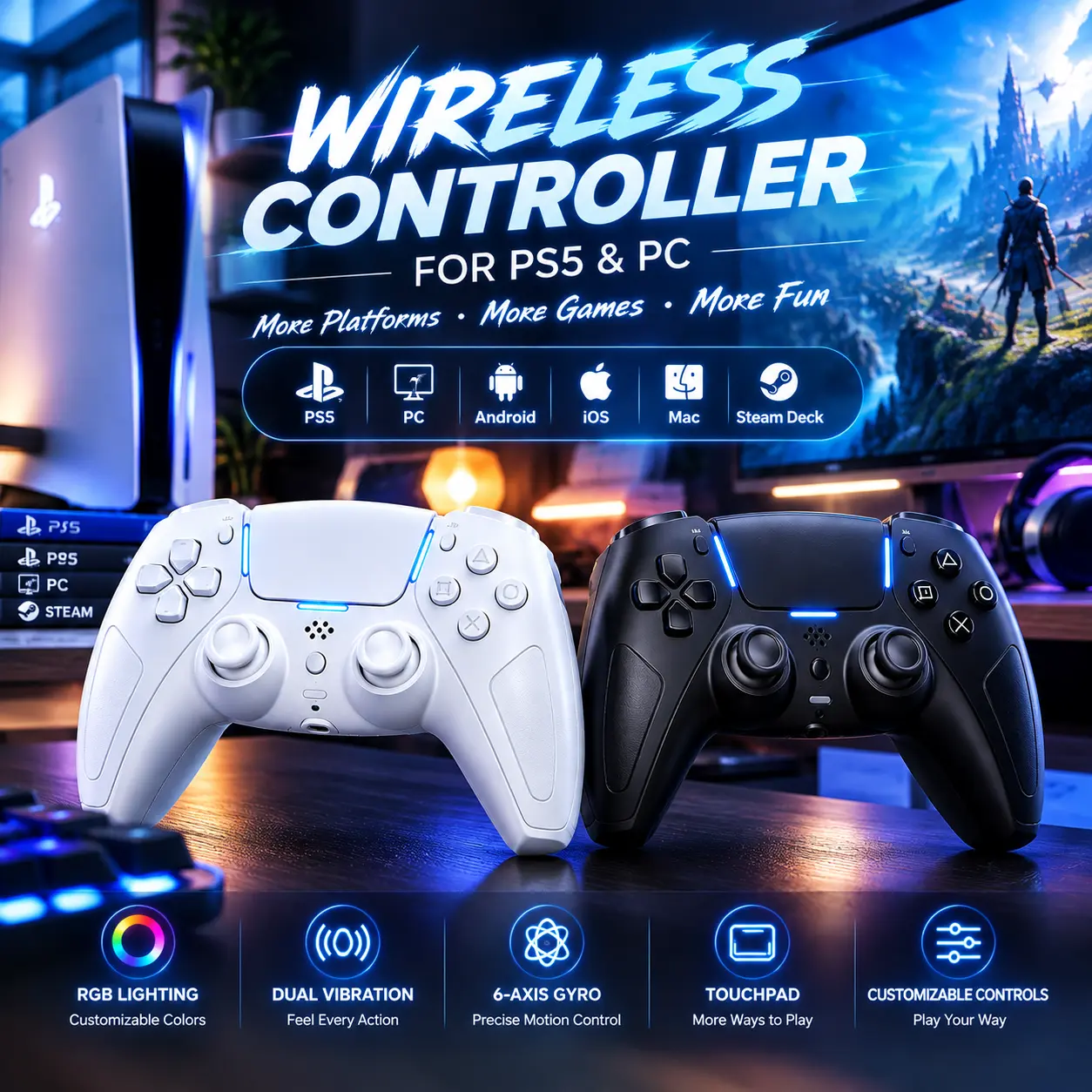 Wireless Controller Compatible with PS5, PC, Android, iOS & Mac, RGB, Turbo, Dual Vibration & 6-Axis Gyro - Black/White