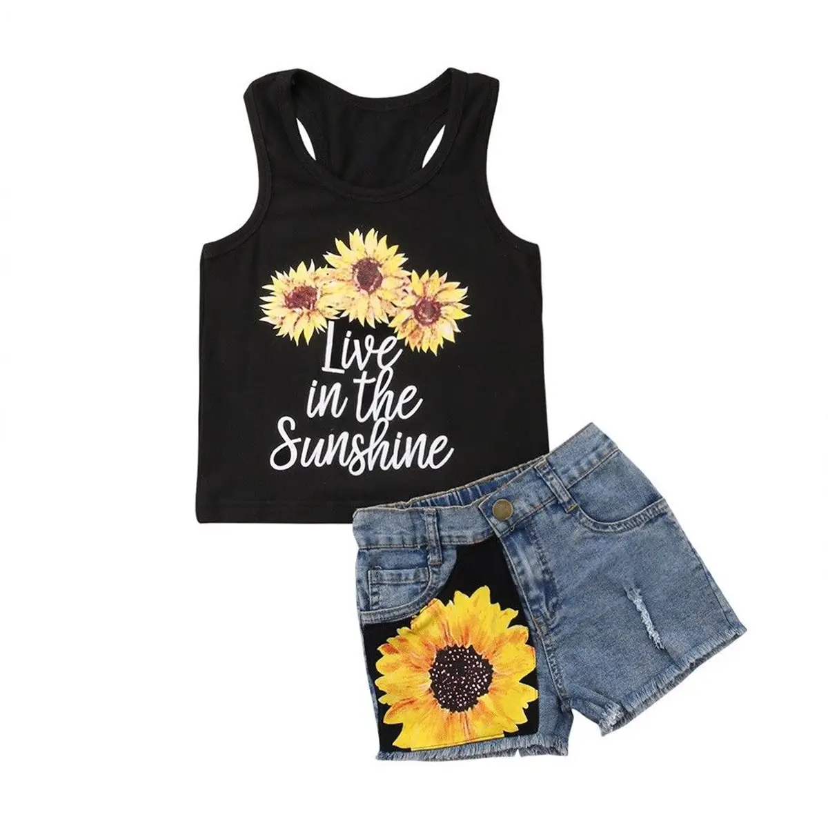 Canrulo Toddler Baby Girl Sunshine Floral T-Shirt Tank Tops Sunflower Denim Shorts Jeans Outfits Kids Summer Clothes