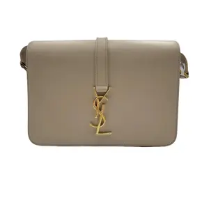 Pre-owned Yves Saint Laurent HZ9 YSL Solferino Medium "Tofu" Bag — Smooth Box Calfskin in Creamy Beige Nude — A Classic Commuter Bag H61113