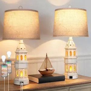 Coastal Table Lamps Set of 2, Beach Lamps for Living Room with USB A+C, Nautical Lighthouse Lamps, Modern Bedside Nightstand for Bedroom, End Table and Reading