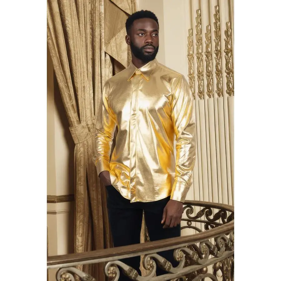 Barabas Mens Long-Sleeve Shiny Metallic Spandex-Polyester Blend Button-Down Shirt (Style 4B38) - Contemporary Casual Longsleeves Top for Large, 2XL, 3XL, 4XL Sizes, Fashion