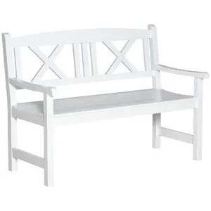 Outsunny 2-Seater Wooden Garden Bench, 4FT Outdoor Patio Loveseat with Unique X-Shape Back for Yard, Lawn, Porch, White
