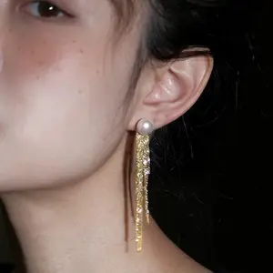 Tewiky Dainty Tassel Threader Earrings for Women,  Gold Long Dangle Drop Chain with CZ/ Pearl, Elegant Hypoallergenic Jewelry for Wedding, Trendy Bridesmaid Gift or Everyday Wear