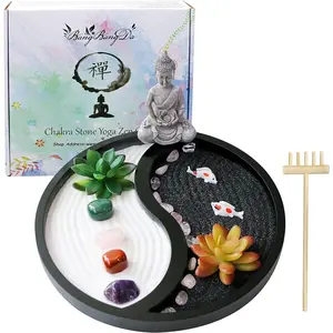 Buddha Meditation Zen Garden Kit - Home Decoration Office Desk Ornament Tabletop Taiji Yin Yang Sand Garden Altar Zen Decor Zen Gifts DIY Mini Chakra Crystal Quartz Rock Statue Garden w/Nature Healing Stone Rake Tool