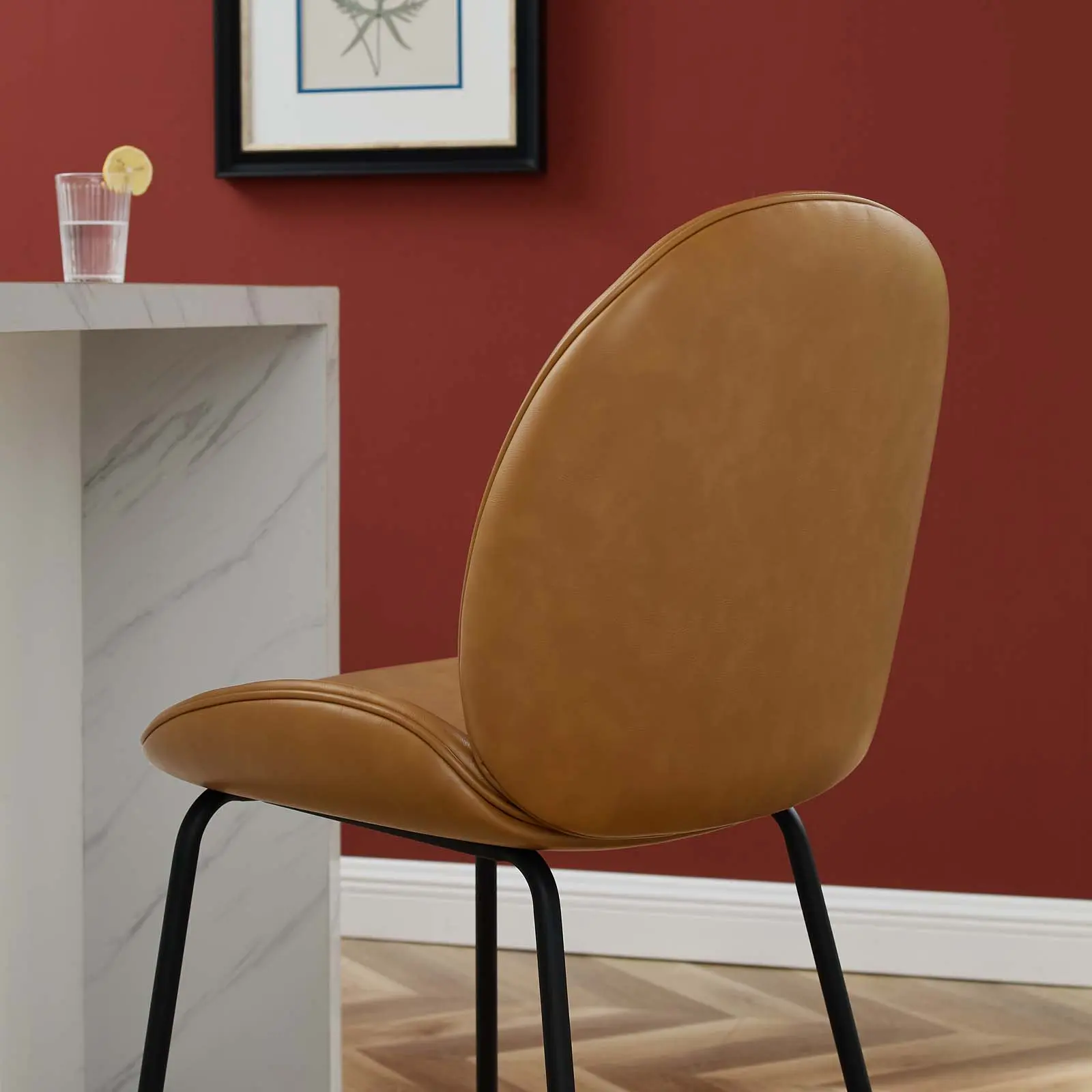 Modway Scoop Black Powder Coated Steel Leg Vegan Leather Counter Stool in Tan