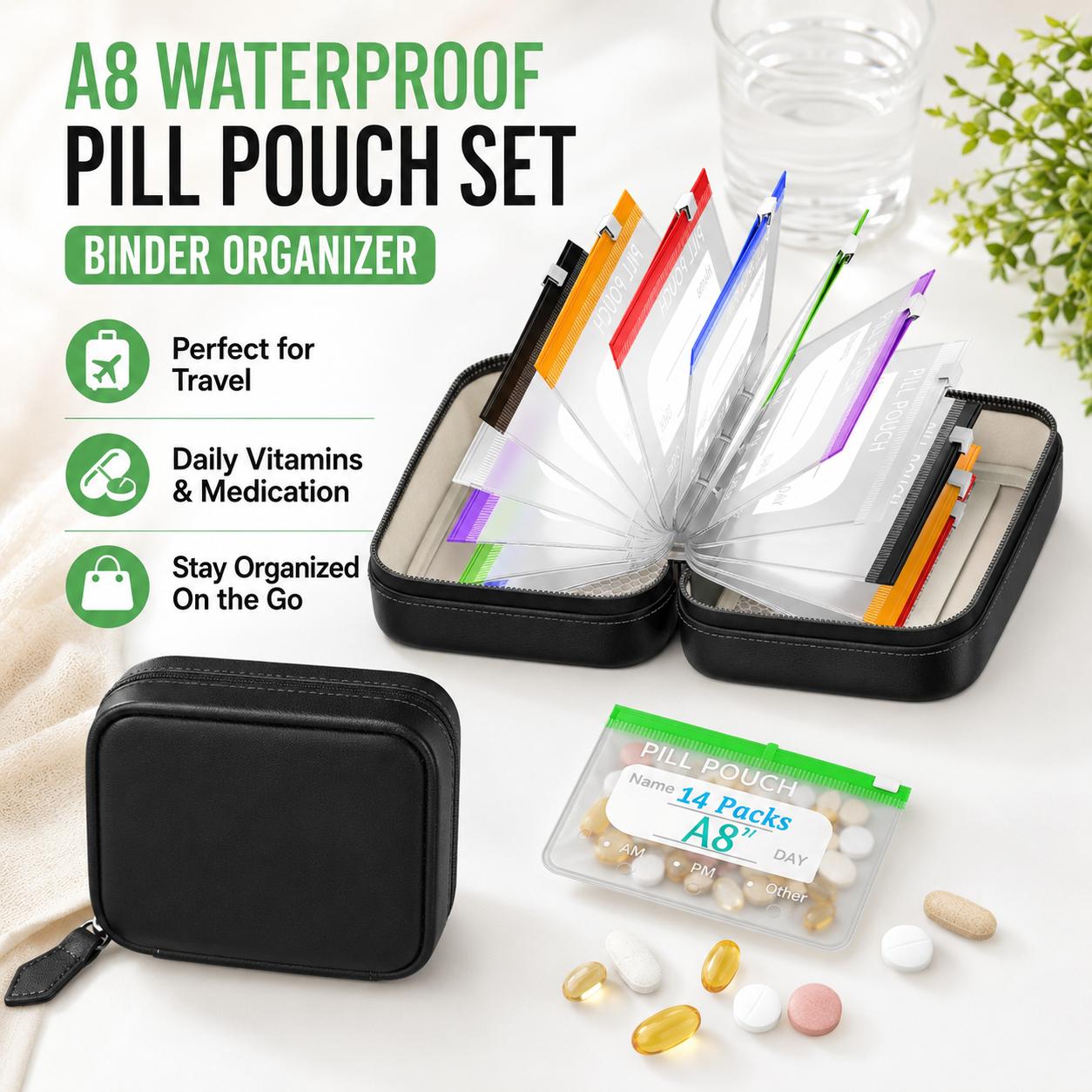 A8 Waterproof Pill Pouch Set - Large Weekly Medicine Org. with 14 6.3x4.7" PU+Clear Reusable Zippered Pouches, Daily Travel Storage for Fish Oils, Vitamins (Home Organizer Bag)