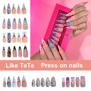 LikeTeTe Press-On Nails Salon-Quality Handmade Nail Art Set French Manicure Shiny Diamond Nails Rhinestone Accent Multicolor Reformation Acrylic K02-K21 Styles Glossy Finish Easy to Use Various Styles