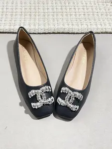 Women's Square Toe Ballet Flats, Soft Artificial Leather, Elegant Rhinestone Buckles, Comfortable Rubber Sole, All-Season Casual Shoes