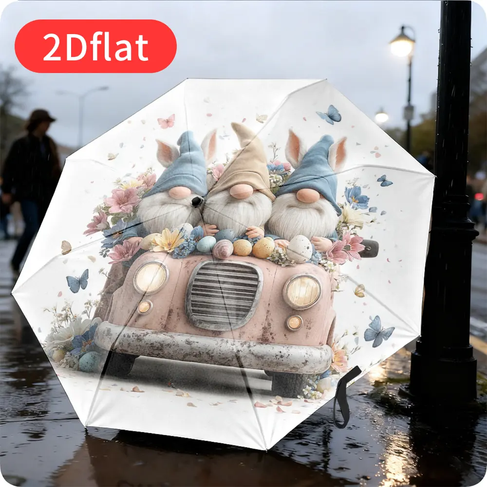 An Easter floral folding umbrella – featuring adorable illustrations of three little dwarfs and colorful Easter eggs, lightweight and portable for everyday use, with a durable canopy made of long-lasting plastic and
