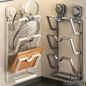 Suction Pot Lid Organizer Rack, Wall-Mounted No Drill Kitchen Storage Shelf, Multifunctional Cutting Board Holder, 2 Tier and 3 Tier Options