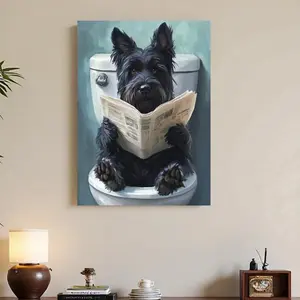 Framed Canvas 1pc Cute And Realistic  of Scottish Terrier Reading Newspaper on Toilet Canvas Artworks, Modern Minimalist Artworks for Easter, Mother'S Day, Spring Decoration, Living Room, Bedroom, Office, Kitchen, And Dining Room