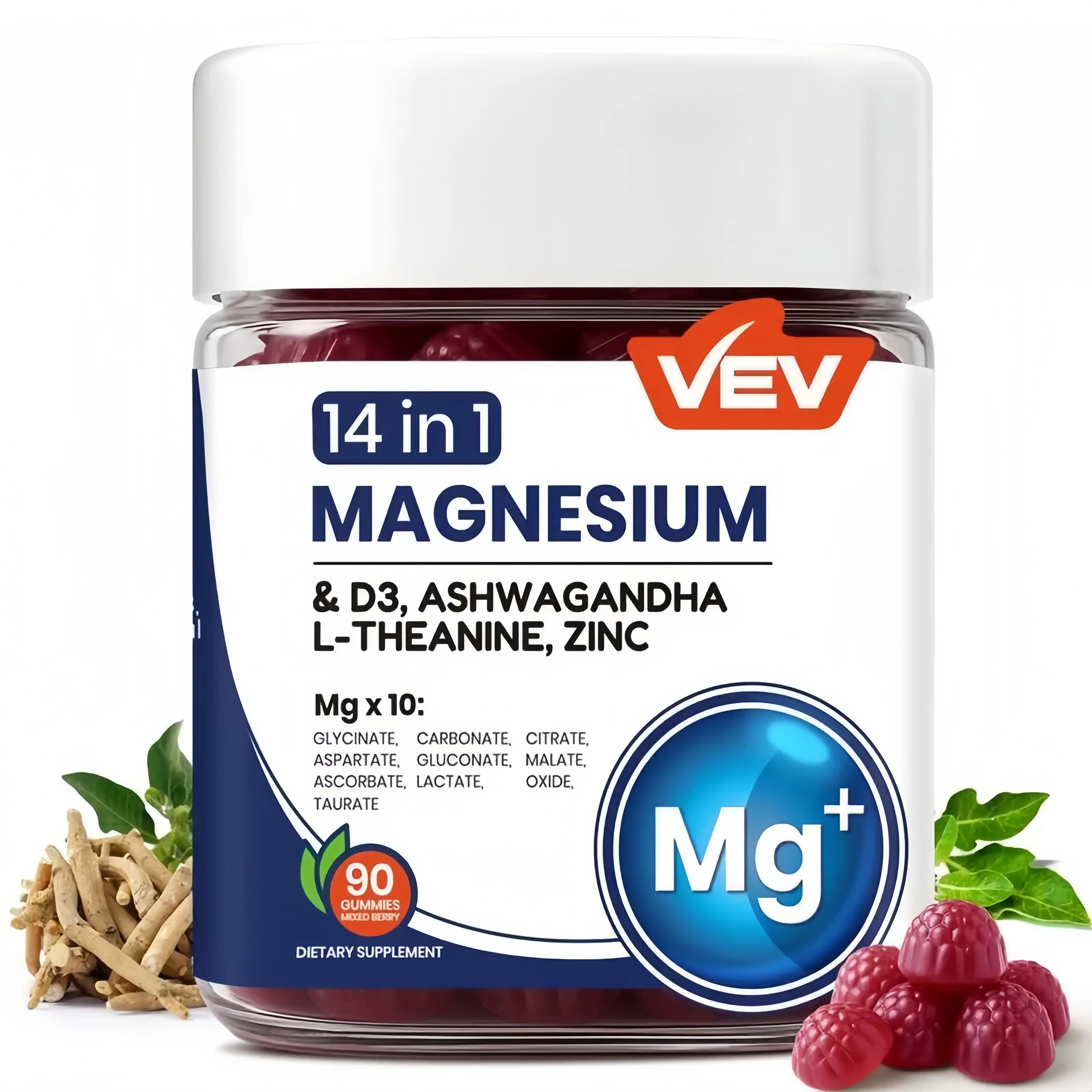14 in 1 Magnesium Complex Gummies, Ashwagandha L‑Theanine Vitamin D3 Zinc Supplement, No Added Sugar, Vegetarian, 90 Gummies for Daily Wellness Support