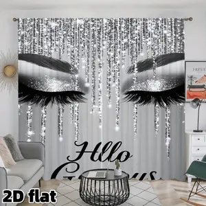 2D Flat 2Pcs Glittering Eyelash Pattern Window Curtains, Modern Glamour Design, Rod Pocket Style, Semi Sheer Polyester, Artistic Grey Silver Print, Suitable for Living Room Bedroom Balcony Treatment, Anti Privacy