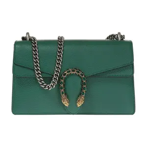 Pre-owned GUCCI LEATHER Shoulder Bags Dionysus Small Shoulder Bag in Green Pebbled with Green Crystal Embellished Tiger Head Buckle Chain Design
