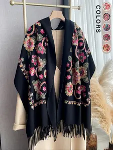 Women's Thick Warm Embroidered Scarf, Bohemian Windproof Shawl, Paisley Pattern, Fashion Accessory for Fall & Winter