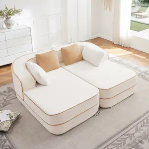 77.2" Boneless Sofa, Fluffy Comfy Couch with Double Chaises, Sleeper Sofa, Teddy Fabric No Assembly 32D High Density Sponge Contrast Color Design, Symmetrical Aesthetics, for Living Room, White sectional corduroy beige seat cloud black Transitional Dual