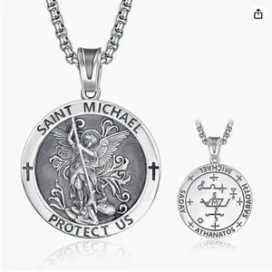 TANGPOET St Michael Necklace for Men Sterling Silver Saint Michael Necklace Double Sided St Michael Pendant Medal St Archangel Michael Sigil Necklace Protection Jewelry Religious Gifts