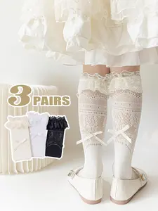 Girls' Lace Trim Long Socks Set, Multicolor Hollow Out Bowknot Design, Party Dress Daily Leggings, Fits Small Leather Shoes Princess Skirt
