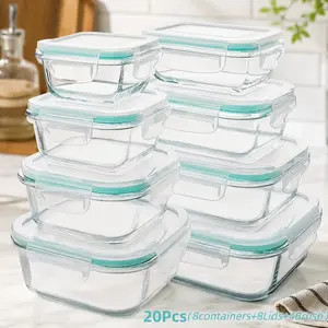 Set of 20 Sealed Glass Food Storage Containers with Lids and Brushes, Ideal for Lunches, Fruits, Vegetables, and Sandwiches, Durable and Microwave Safe