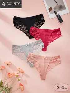 UFV Women's Sexy High Elasticity Lace Thong Panties Set, Bow Design & Feather Pattern, Soft Breathable Fabric, All Seasons Wear, Underwear