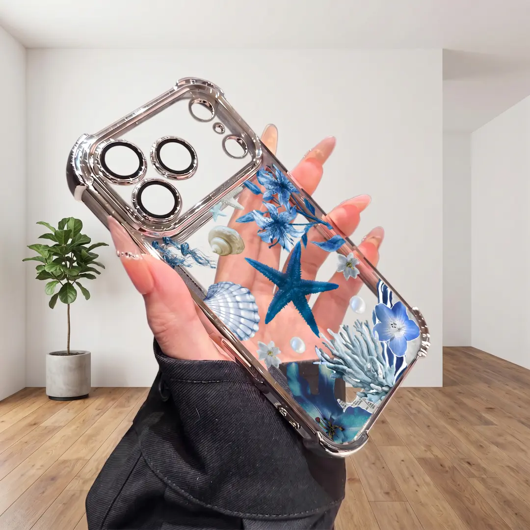 Ocean-themed starfish shell acrylic phone case with electroplated corners for drop protection; transparent protective case compatible with Apple iPhone 17/16/15/14/13/12/11 series—Pro Max and Plus models. Features a dual material TPU + PC design for enhan