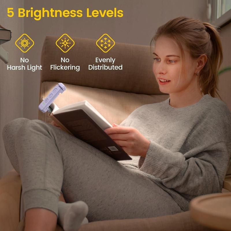 Glocusent USB Rechargeable Book Light for Reading in Bed, Portable Clip-on LED Reading Light, 3 Amber Colors & 5 Brightness Dimmable, Compact & Long Lasting, Perfect for Book Lovers, Kids