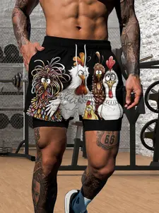 Men's 2-in-1 Gym Shorts, Funny Cartoon Chicken Print, Quick Dry Compression Liner, Drawstring Waist, Workout Graphic Athletic Shorts with Phone Pocket for Training, Running, Casual Summer