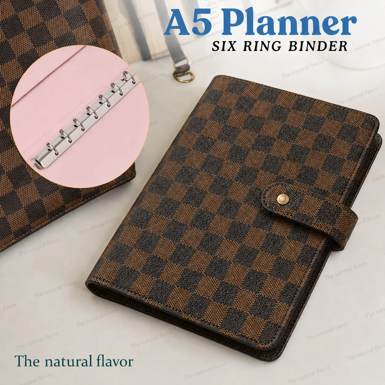 A5 Checkered Planner 6-Ring Binder, PU Leather Planner Cover with 80 Sheets / 160 Pages Daily To Do List Inserts, Refillable Organizer Notebook for Work, School, Office & Travel