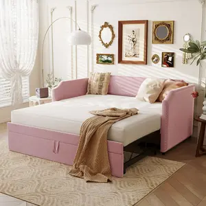 Twin Size Upholstered Daybed with Pop Up Trundle, Velvet Platform Bed Double Twin Bed Frame, No Box Spring Needed