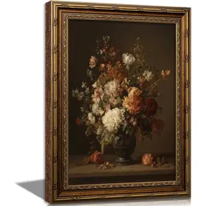 Vintage Gold Framed Floral Wall Art Dark Moody Flower Botonical Canvas Painting Picture Wall Decor Rustic Flowers Still Life Victorian Retro Poster Print Artwork for Living Room Bedroom