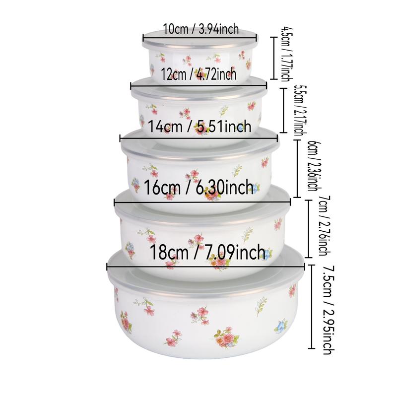 5pcs Set Blue Floral Enamel Food Storage Bowls with Lids, Multi-Functional Microwave Safe Containers for Rice Salad Noodles, Salad Serving Bowls
