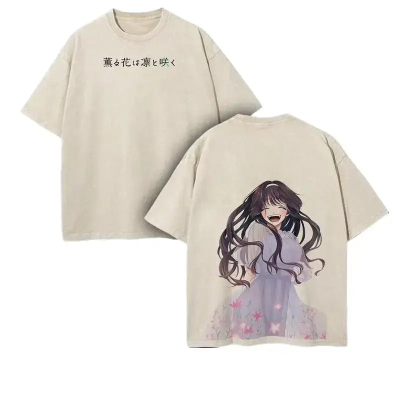 Men's Baggy Round Neck Vintage Washed Short-Sleeve T-Shirt - Japanese Waguri Kaoruko Anime & Floral Print, Casual Manga-Inspired Streetwear