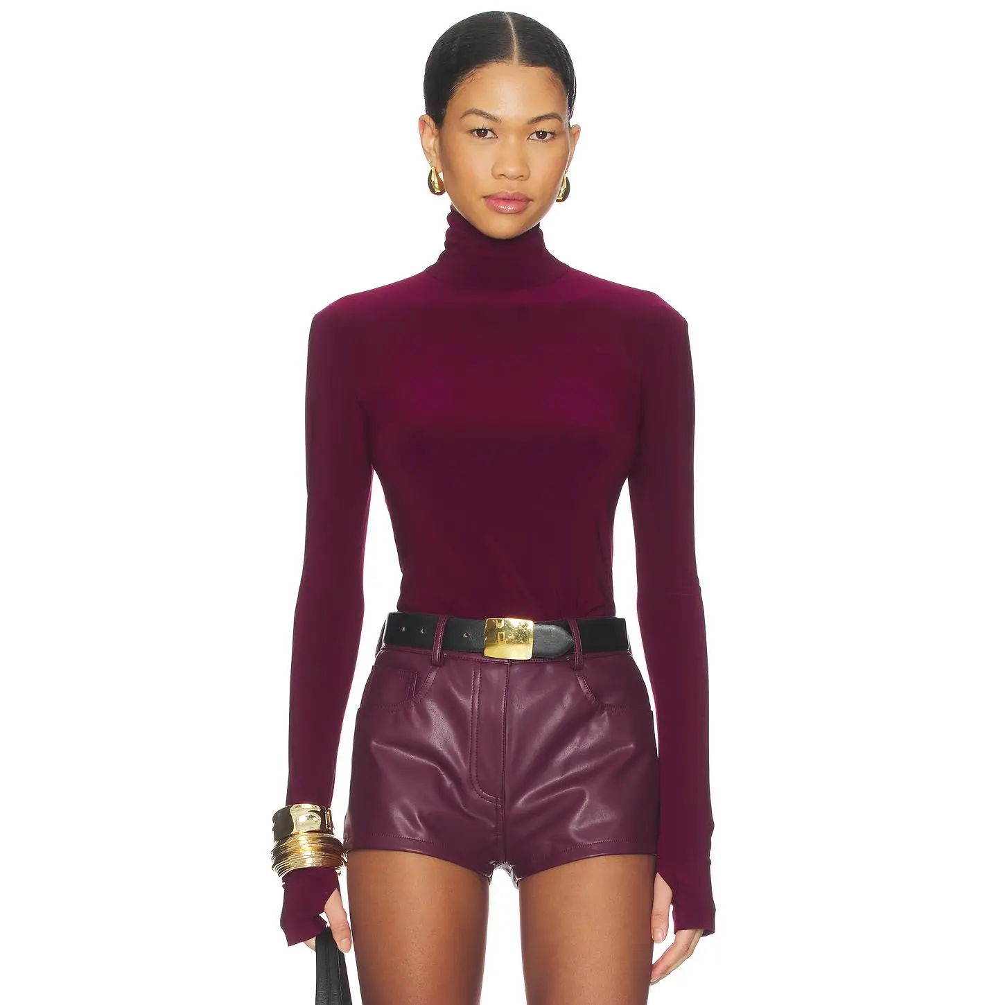 Norma Kamali Slim Fit Long Sleeve Turtle Top in Plum