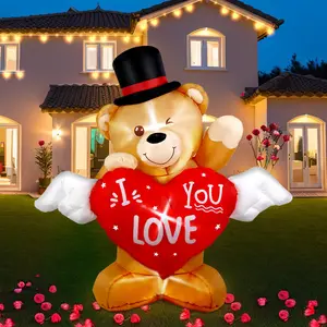 4 Foot Inflatable Teddy Bear with LED Lights, Heart Shape Balloons, Large Outdoor Indoor Valentine's Day Decoration, Hearts Design
