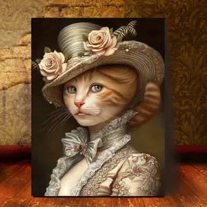 1 Piece Elegant Queen Victoria Cat Canvas Painting - Wooden Frame, Ready to Hang, Ginger Cat with Rose and Lace Human Clothing, Vintage Decoration for Bedroom or Living Room, 2D, Perfect Choice for Room Decoration