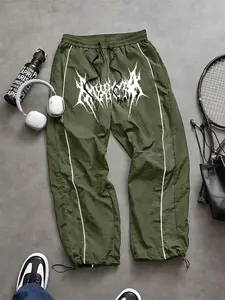 Men's Fashion Print Casual Outdoor Pants, Outdoor Sports Pants, Loose Fit Gym Shorts, Waist Drawstring, Elastic Cuff Design, Nylon Fabric, Lightweight Comfort