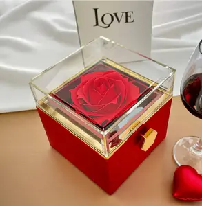 Forever Love Necklace with Rotating Rose Gift Box 14k White Gold Finish 6.5mm Cubic Zirconia Adjustable Chain 18-22 Inches Luxurious Preserved Red Rose