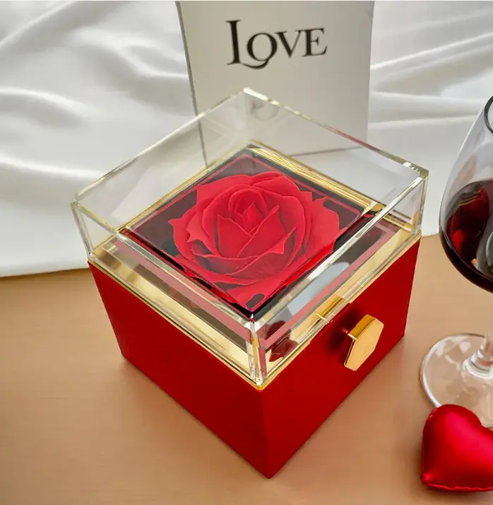 Forever Love Necklace with Rotating Rose Gift Box 14k White Gold Finish 6.5mm Cubic Zirconia Adjustable Chain 18-22 Inches Luxurious Preserved Red Rose