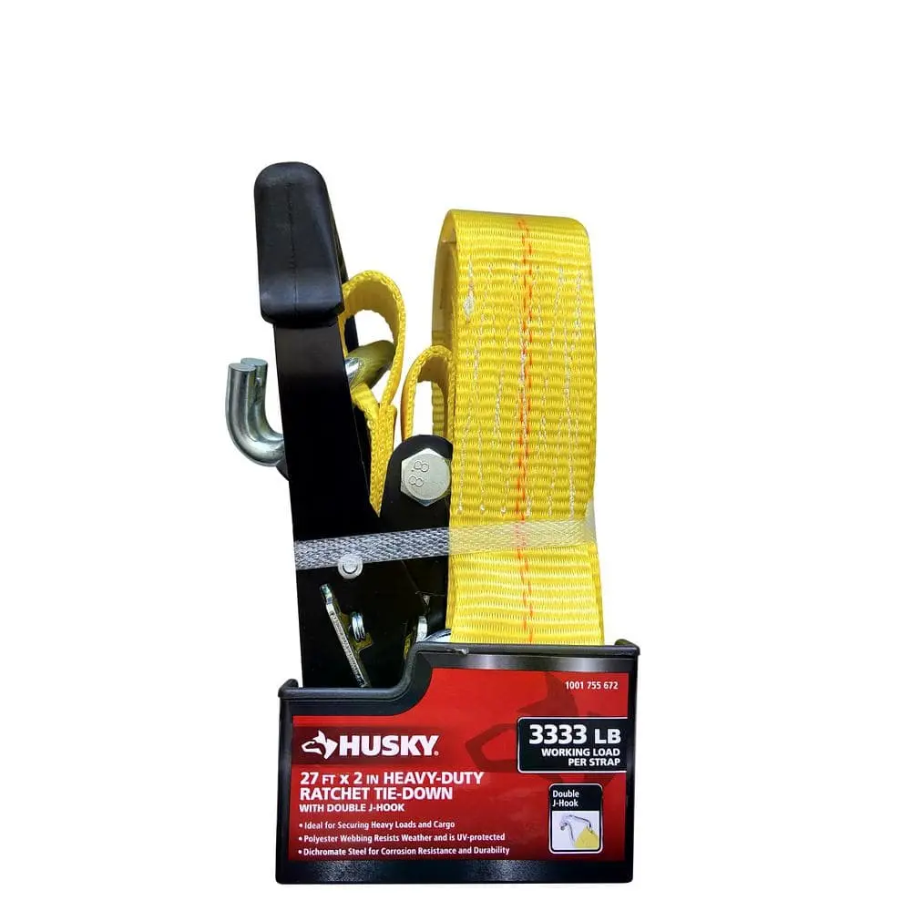 27x2 in Heavy-Duty Ratchet Tie-Down Strap with J Hook, Weatherproof, 3333 lbs & 10000 lbs Load Capacity