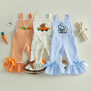 Toddler Baby Girl Easter Outfit Overalls Bunny Cross Romper Cute Gingham Bell Bottom Suspender Jumpsuit