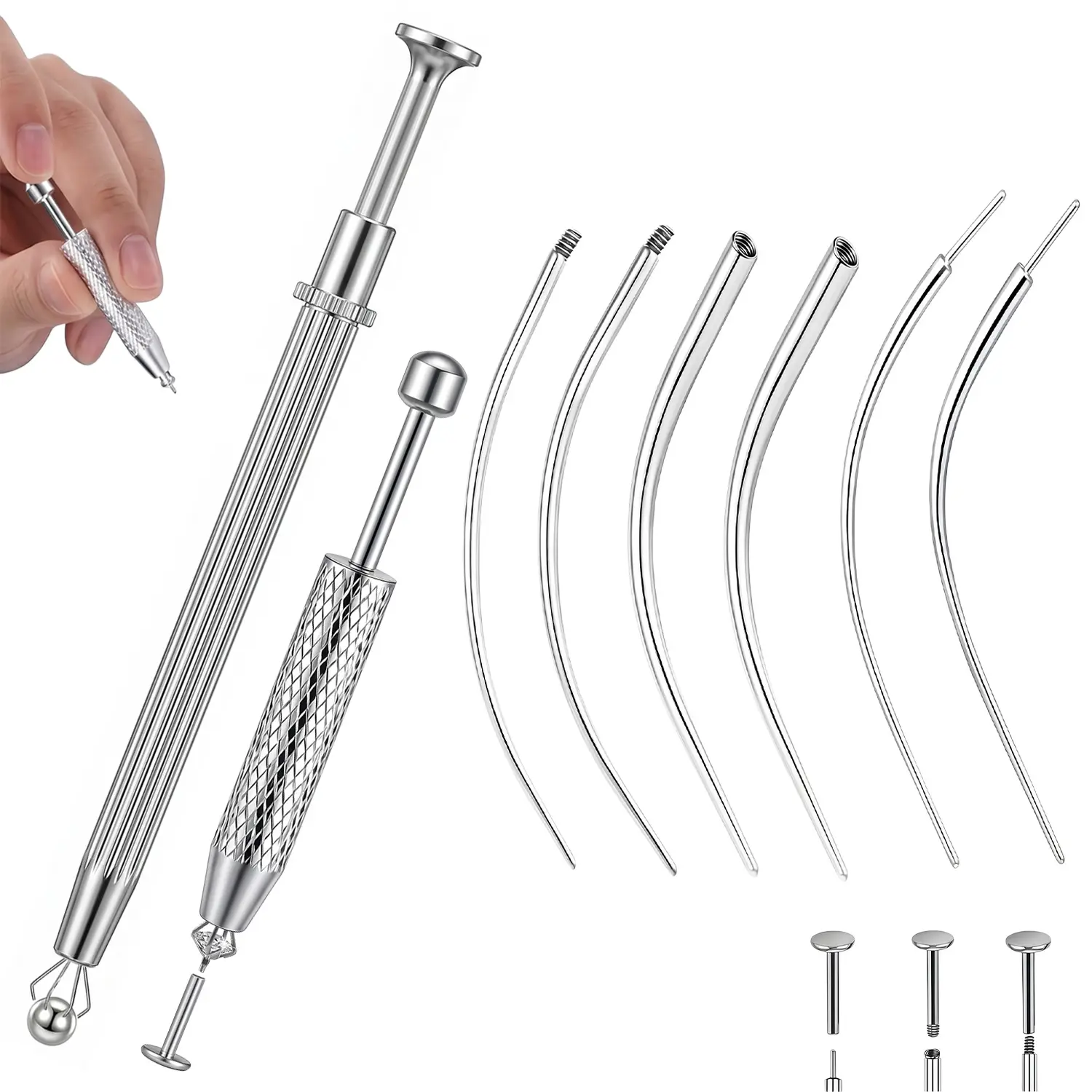 18 20PCS/Set Piercing Taper Ball Grabber Tool for Changing Jewelry, Stainless Steel Flat Back Earrings Applicator Tool Threadless Insertion Pin, Thread Body Piercing Kit for Ear Nose Lip